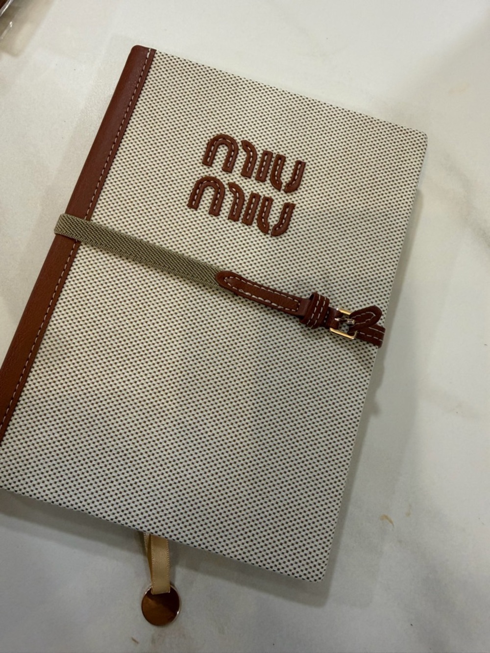 Miu Miu Cream Canvas Notebook Cover with Brown Leather Trim